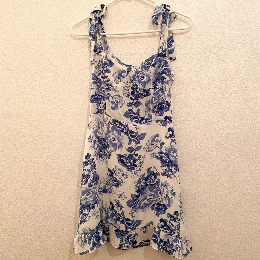 Aqua Floral Mini Dress in Blue and White - Size M